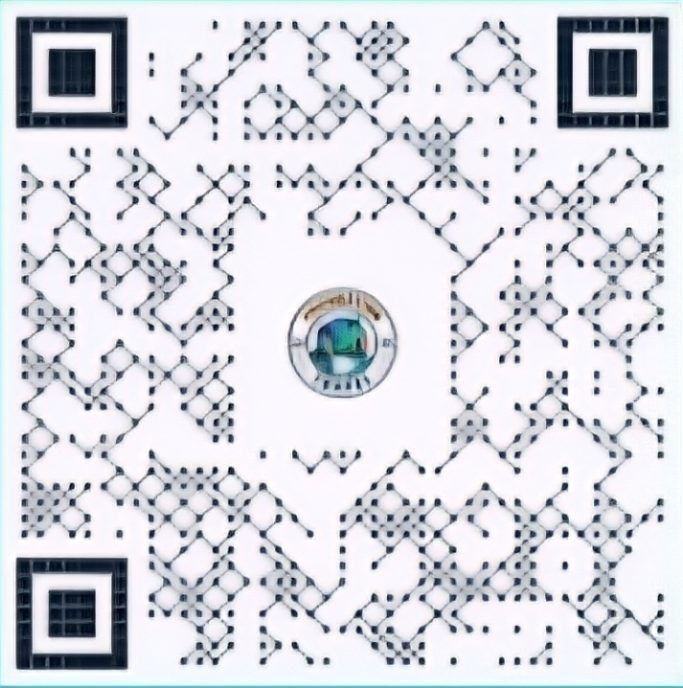 QR code with a central logo, designed in a geometric pattern.