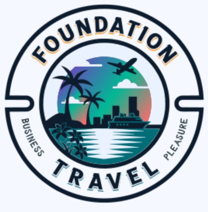 Logo for Foundation Travel featuring palm trees, a sunset, and an airplane.